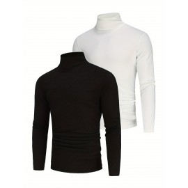 2pcs Men's Stylish Solid Compression Shirt, Active Breathable Turtle Neck Top For Hiking Jogging Cycling Outdoor Fitness Workout