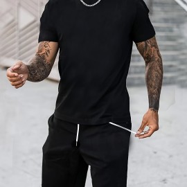 Classic Design Black Solid Top Casual Mid Stretch Short Sleeve Crew Neck Graphic T-shirt, Men's Tee For Summer Outdoor