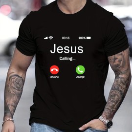 JESUS CALLING Creative Pattern Men's T-shirt For Summer Outdoor, Men's Trendy Crew Neck Tops