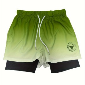 2-in-1 Double Layer Shorts With Inner Zipper Pocket, Men's Mid Stretch Sports Shorts For Summer Gym Workout Training