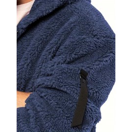 Cool Fluffy Solid For Men, Men's Casual   Polar Fleece Pullover Hooded Sweatshirt With Zipper Streetwear For Winter Fall, As Gifts