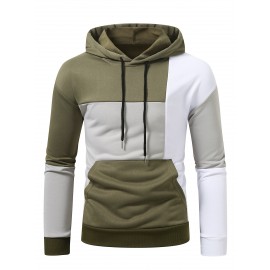 Patchwork Color Block Hoodie With Kangaroo Pocket, Men's Casual Solid Color Slightly Stretch Drawstring Pullover Hooded Sweatshirt For Spring Fall